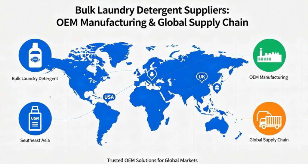 Bulk laundry detergent suppliers OEM manufacturing global supply chain USA UK Southeast Asia